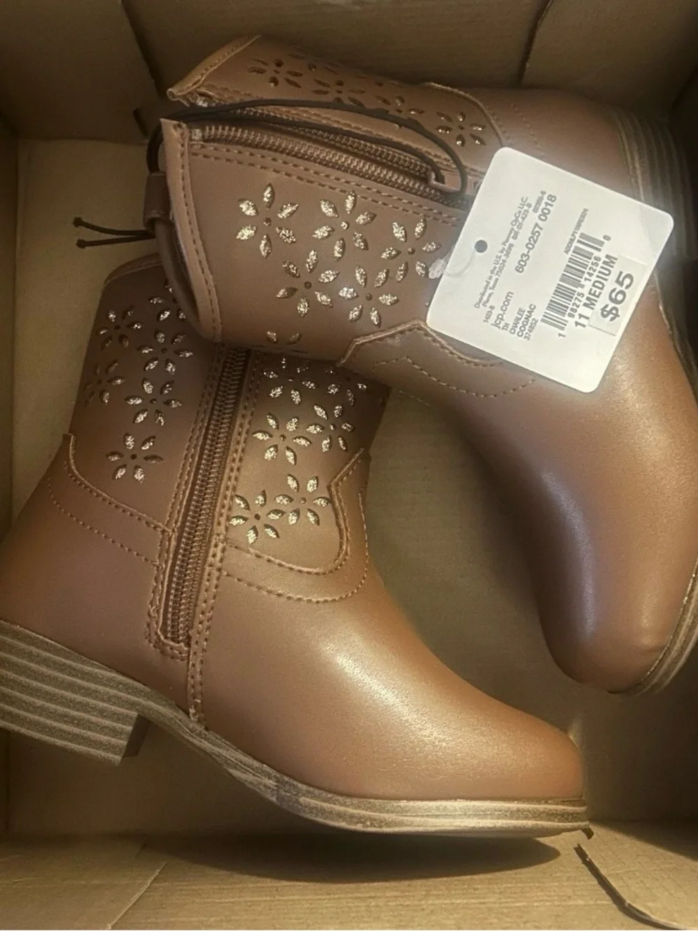 Brown Girls' Western Ankle Boots with Floral Cutouts